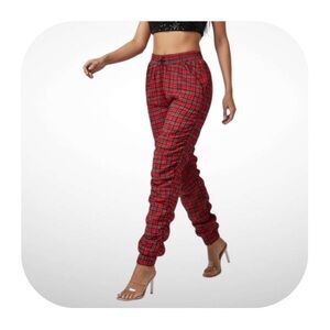 NWT LaBijou M red plaid ruched swishy pants